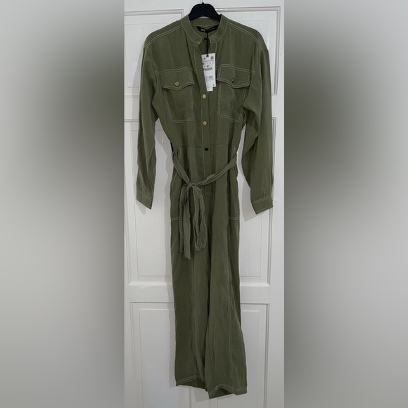 Zara Pants - Zara Olive Green Long-Sleeve Jumpsuit with Belt